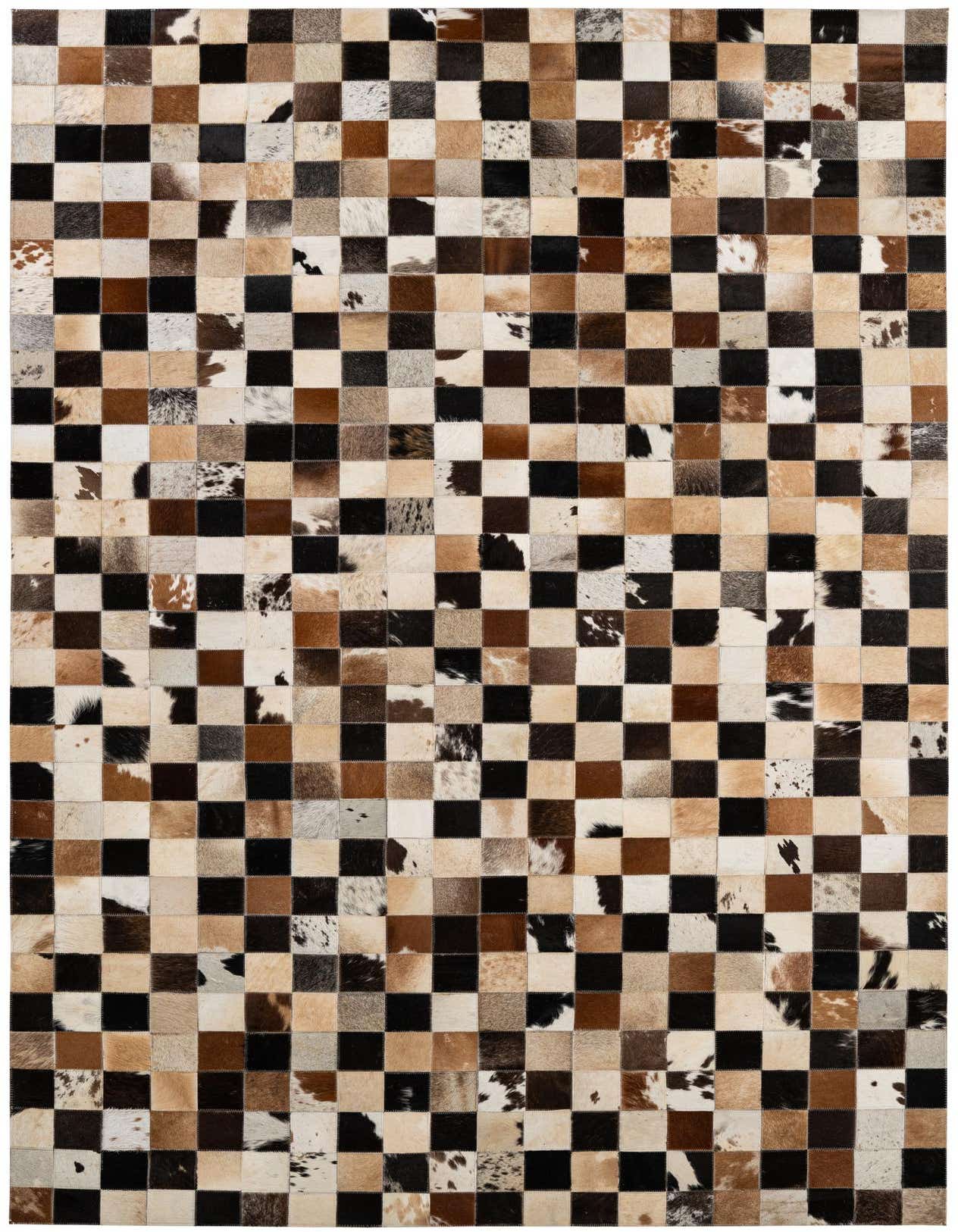 A 5x8 rectangular Cowhide Patchwork rug featuring a modern checkerboard pattern in varied shades of brown, black, cream, and white.