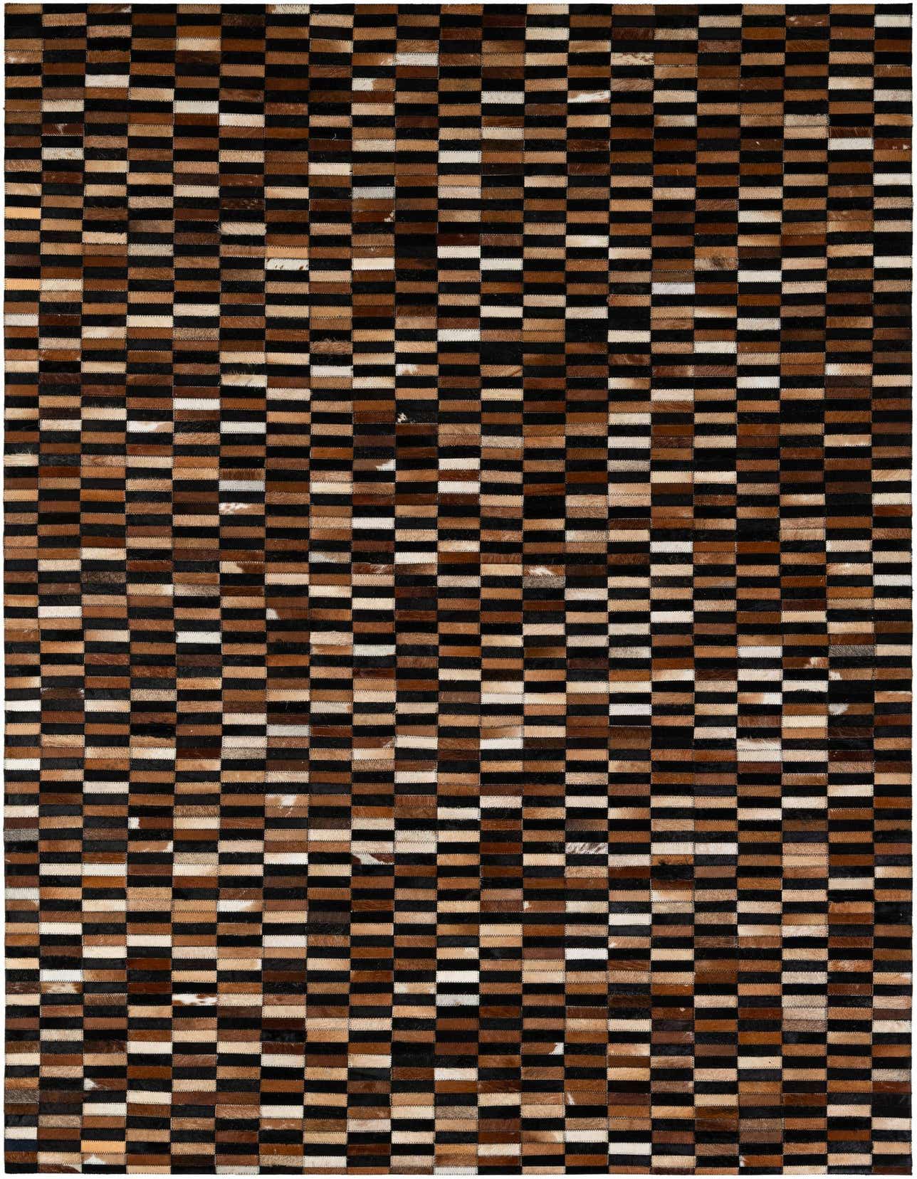 A 5x8 rectangular Cowhide - Patchwork rug featuring a modern stripe pattern in multi-colored brown, black, and white tones.
