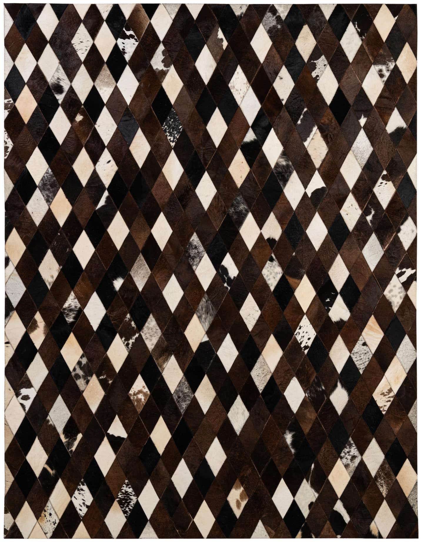 A 6x9 rectangular patchwork cowhide rug featuring a modern diamond pattern in multi-colored shades of brown, black, and white.