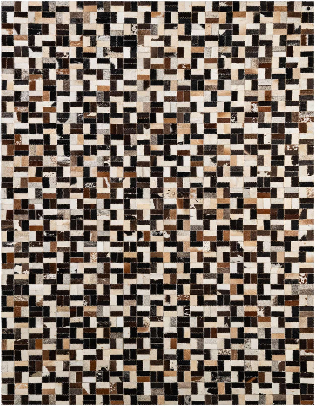 A rectangular 5x8 multi-colored cowhide patchwork rug featuring various shades of brown, black, and white rectangular pieces stitched together in a modern striped pattern.