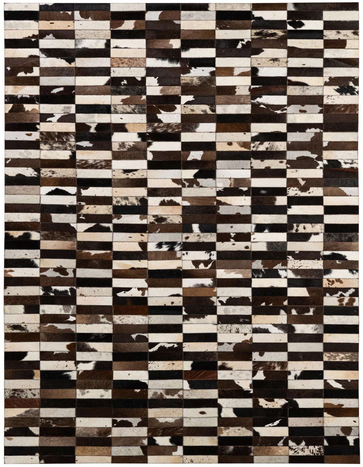 A rectangular 5x8 patchwork cowhide rug featuring a modern striped pattern in various shades of brown, black, and white.