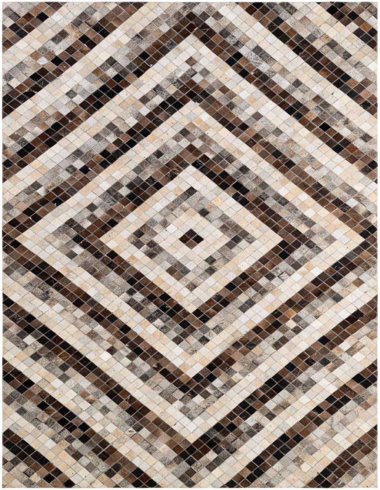 A 5x8 rectangular cowhide rug featuring a modern patchwork pattern of multi-colored squares in shades of brown, black, and cream.