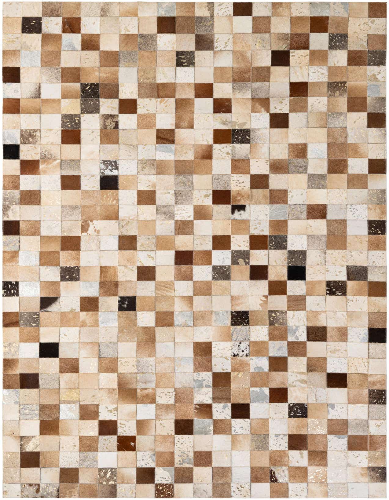 A 5x8 rectangular Cowhide Patchwork rug with a modern design, featuring multi-colored squares in various natural brown, beige, white, and black tones.