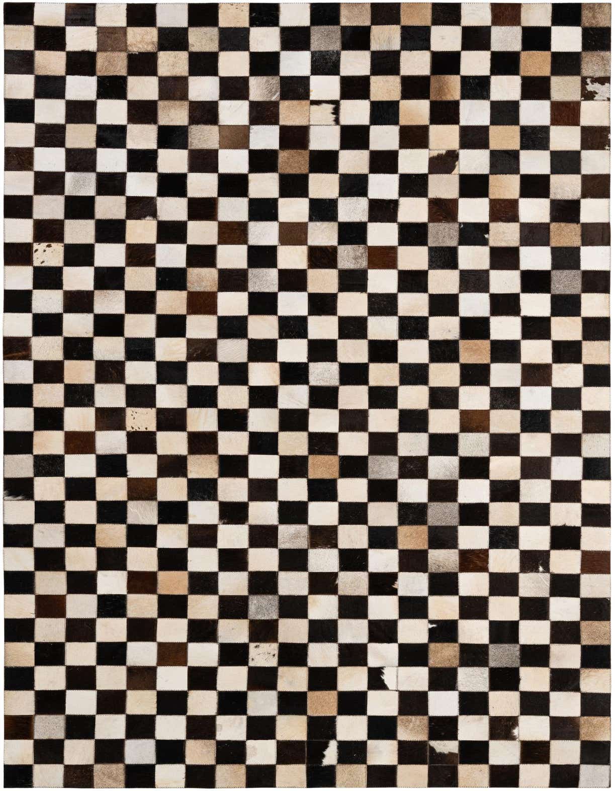 A 5x8 rectangular Cowhide Patchwork rug featuring a modern checkered pattern in black, white, and brown tones.