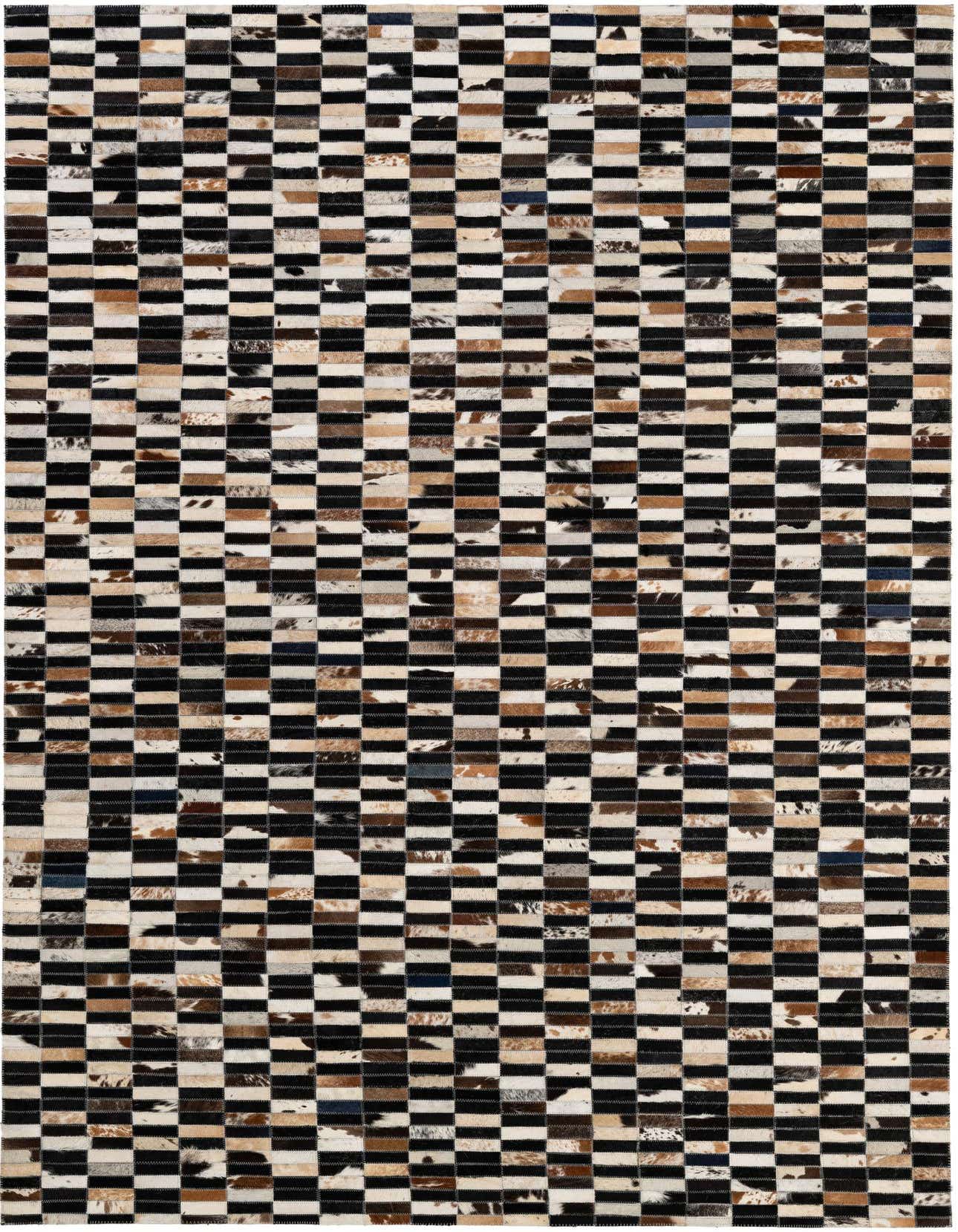 A rectangular 5x8 modern patchwork rug made from multi-colored cowhide and leather, featuring a checkered pattern of black and natural hide squares.