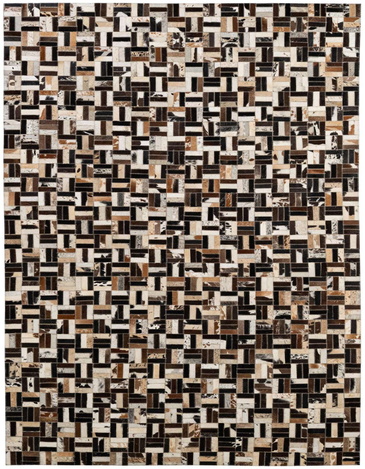 A rectangular 5x8 patchwork cowhide rug featuring a modern stripe pattern in multi-colored natural tones.