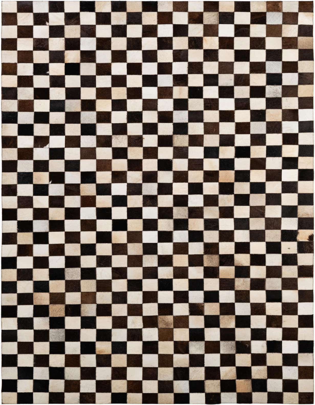 A 5x8 rectangular cowhide rug featuring a modern patchwork checkerboard pattern in varied shades of brown, black, and cream.