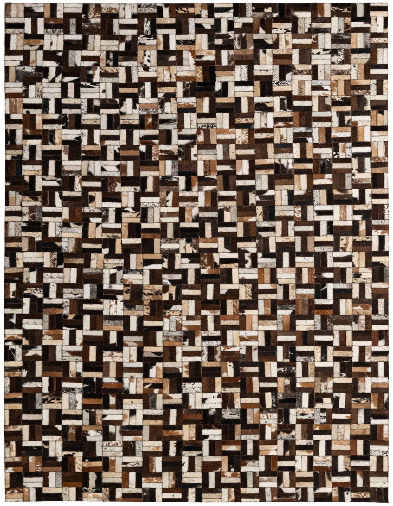 A 5x8 rectangular Cowhide Patchwork rug featuring a modern stripe pattern in multi-colored brown, white, and black hues.