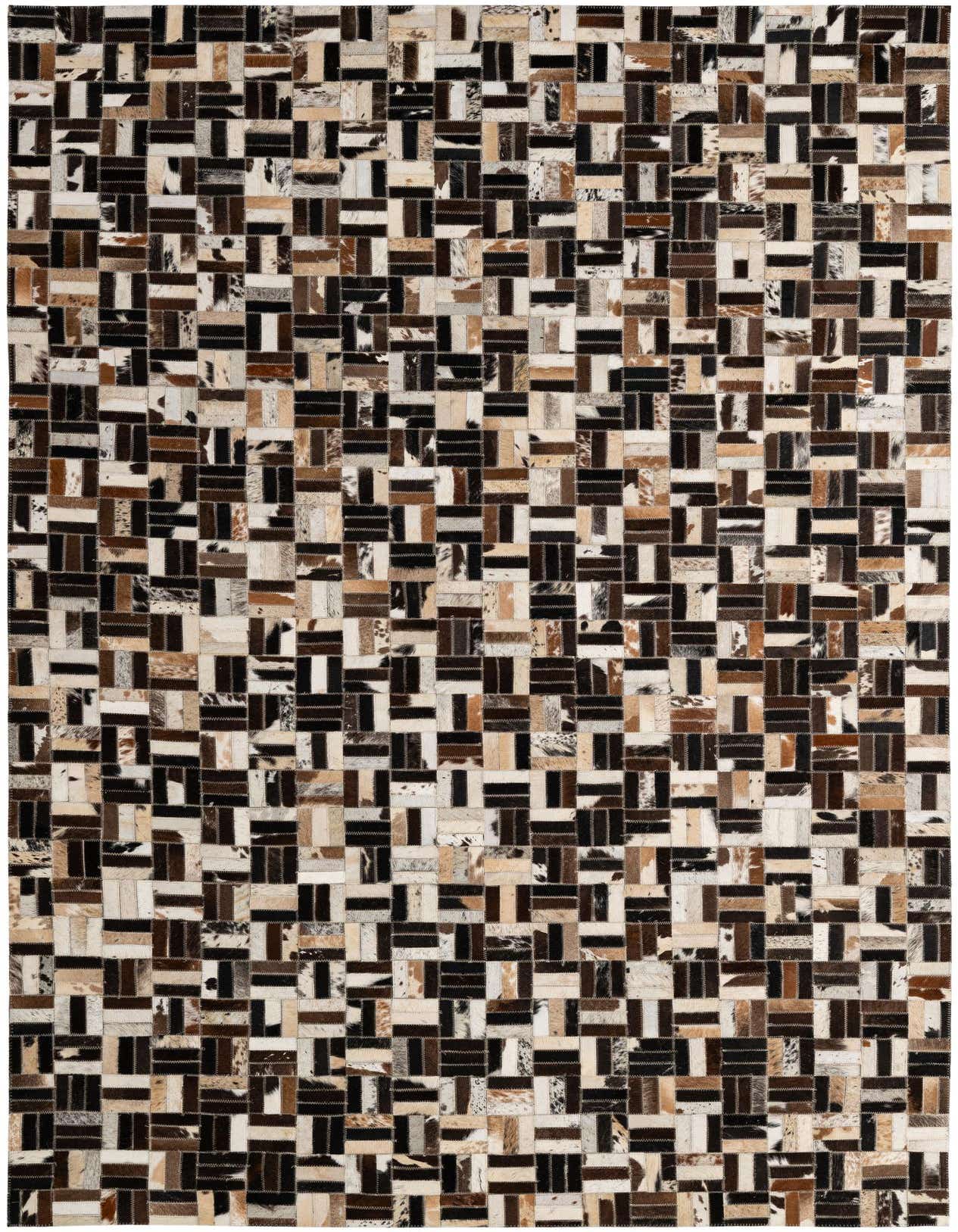 A 5x8 rectangular Cowhide Patchwork rug featuring a modern stripe pattern in multi-colored brown, black, and white tones.
