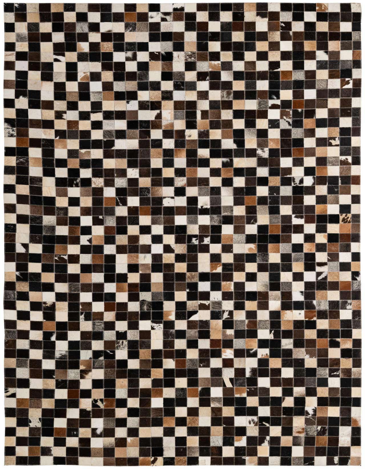 A 5x8 rectangular Cowhide Patchwork rug featuring a modern checkered pattern in multi-colored natural cowhide and leather.