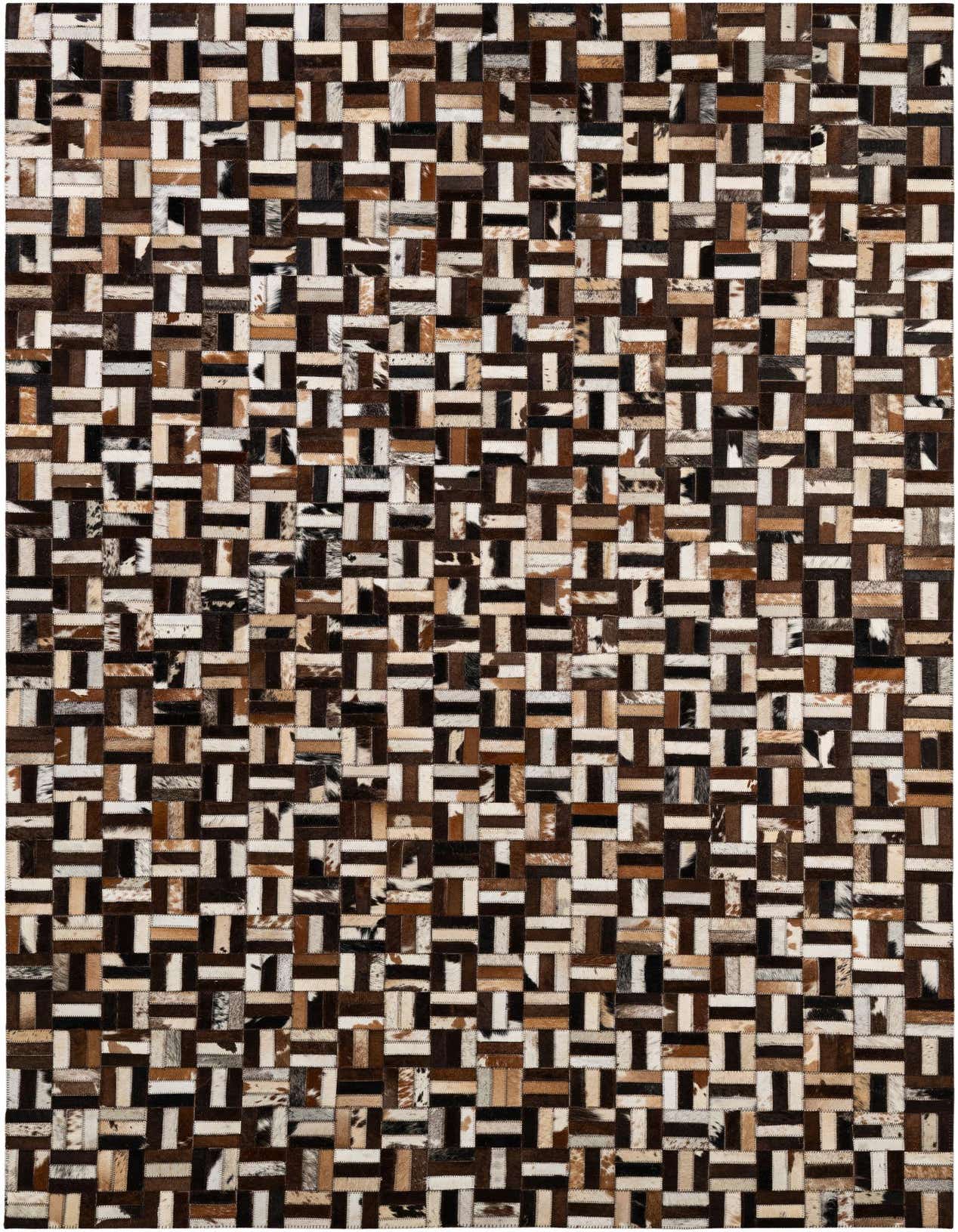 A 5x8 rectangular cowhide patchwork rug featuring a modern stripe pattern in multi-colored brown, black, and white tones.