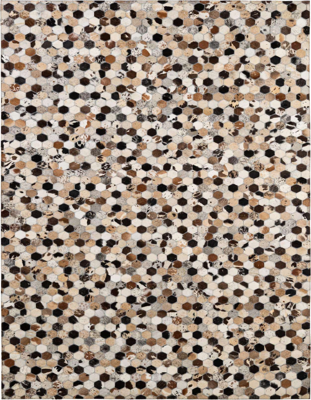 A 5x8 rectangular Cowhide & Leather rug featuring a modern patchwork of multi-colored hexagonal cowhide pieces.