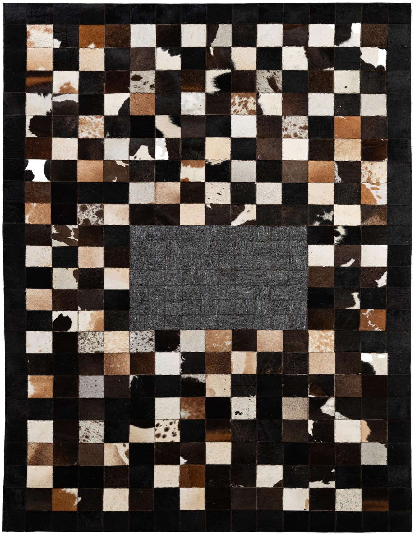 A 5x8 rectangular Cowhide Patchwork rug featuring a modern multi-colored checkerboard pattern with a dark gray center.