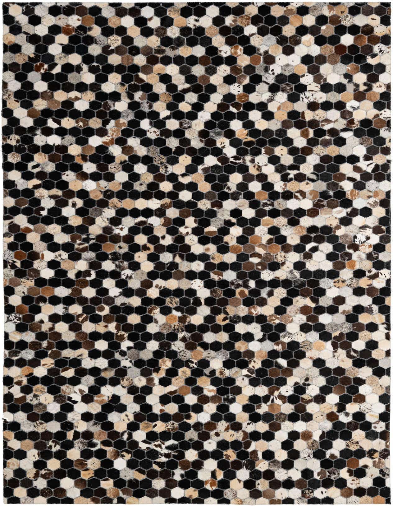 A 5x8 rectangular Cowhide Patchwork rug featuring a modern hexagonal pattern in multi-colored natural cowhide and black leather.