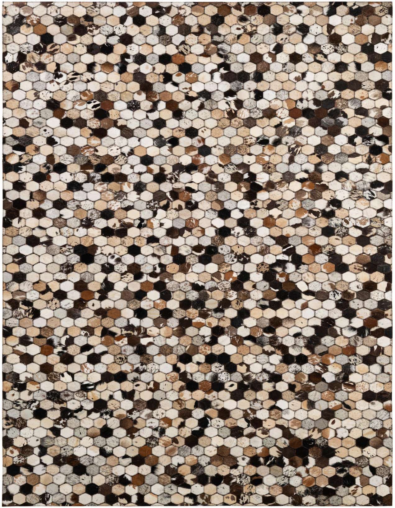 A 5x8 rectangular Cowhide - Patchwork rug featuring a modern honeycomb pattern in multi-colored natural cowhide and leather.