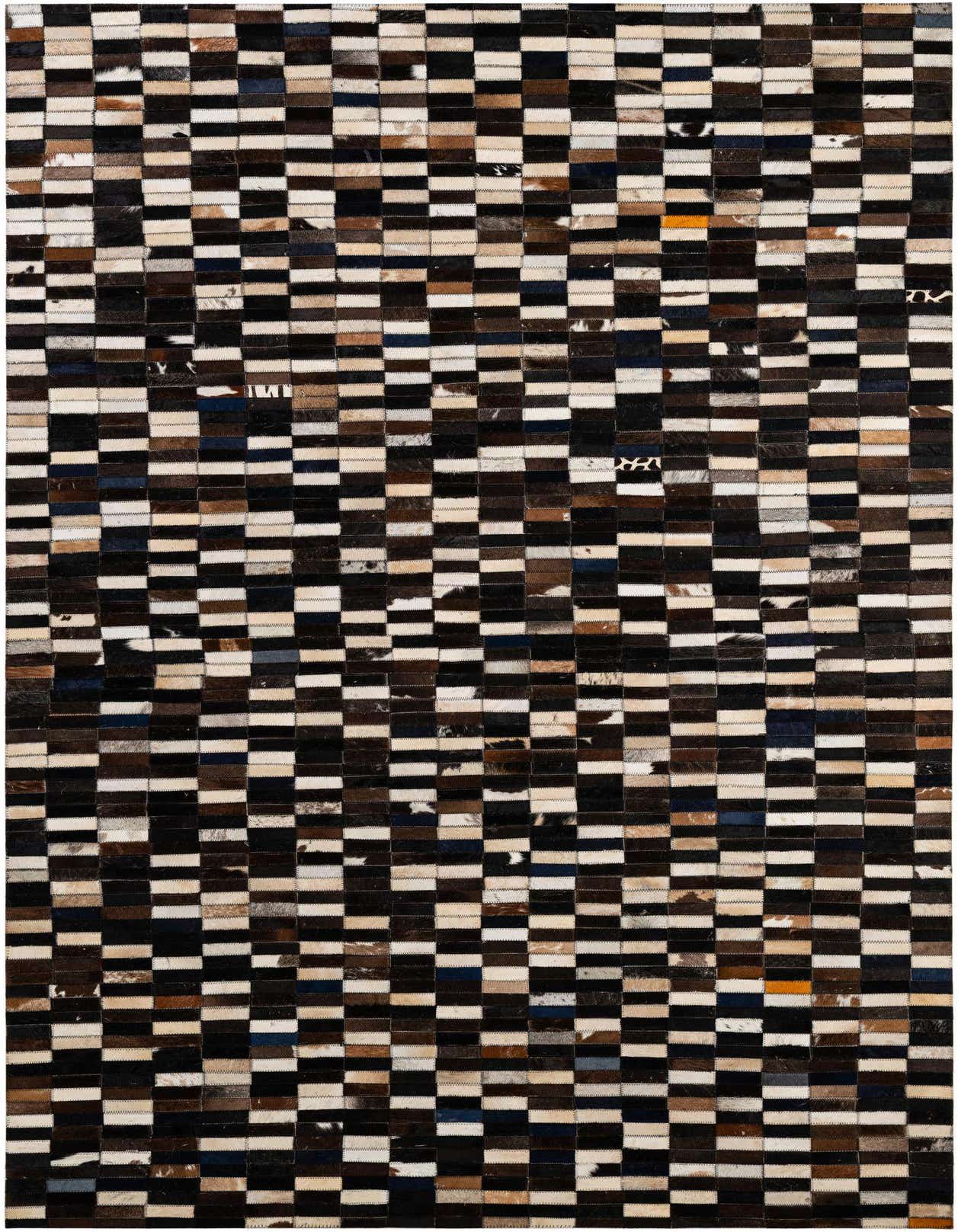 A rectangular 5x8 multi-colored cowhide patchwork rug featuring a modern checkerboard pattern in black, white, brown, and blue tones.