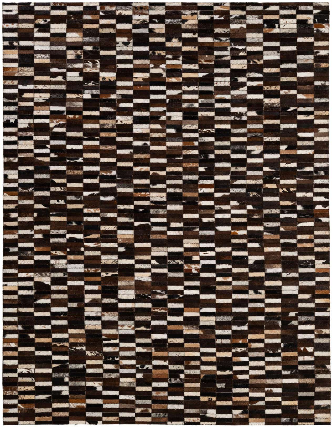 A 5x8 rectangular Cowhide - Patchwork rug featuring a modern stripe pattern in multi-colored natural cowhide and leather.