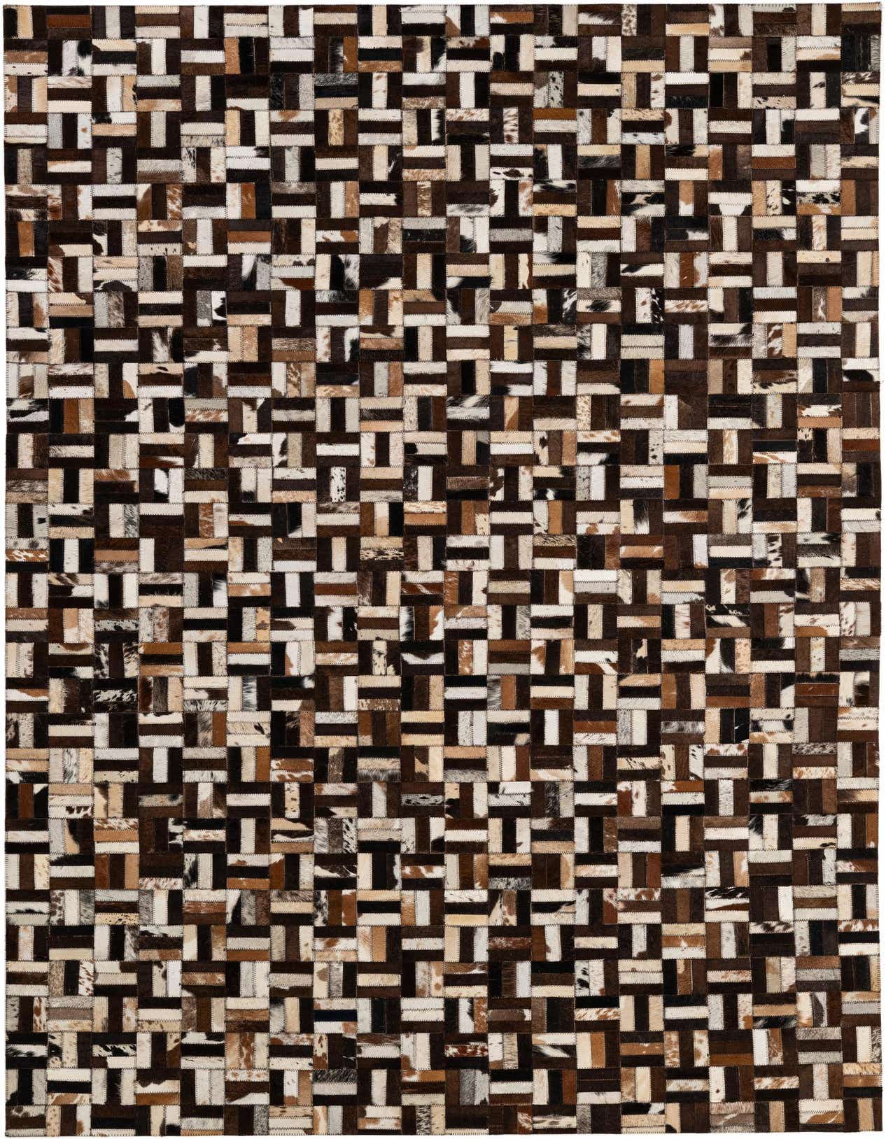 A rectangular 5x8 multi-colored cowhide rug with a modern patchwork stripe pattern, suitable for a living room.
