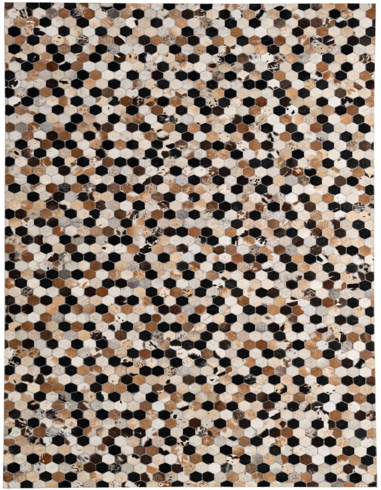 A 5x8 rectangular Cowhide Patchwork rug featuring a modern hexagonal pattern in multi-colored natural cowhide and black leather.