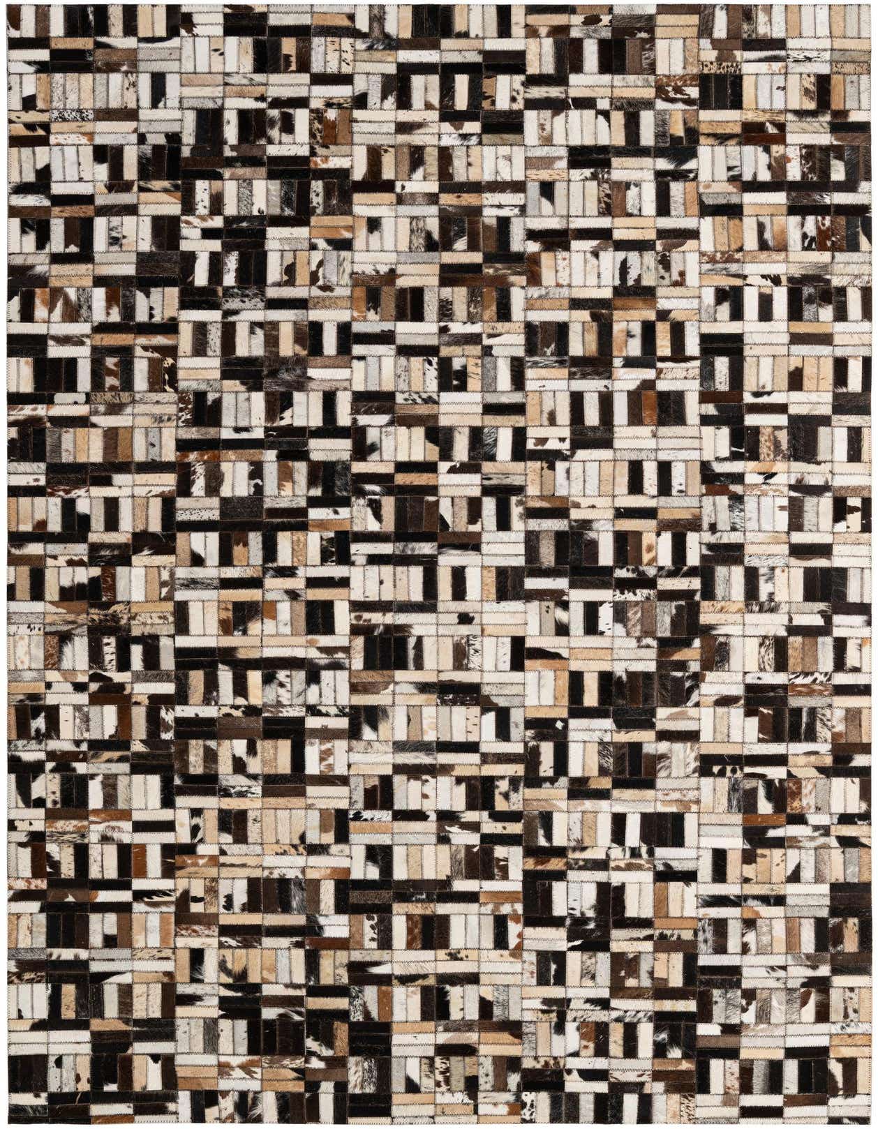 A rectangular 5x8 Cowhide Patchwork rug featuring a modern stripe pattern in multi-colored natural cowhide and leather.