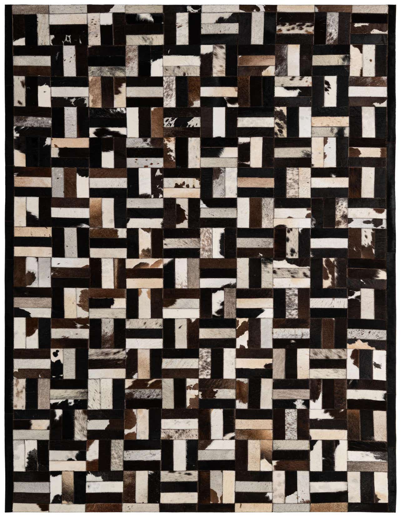 A rectangular 5x8 Cowhide Patchwork rug featuring a modern stripe pattern in multi-colored natural cowhide and leather.