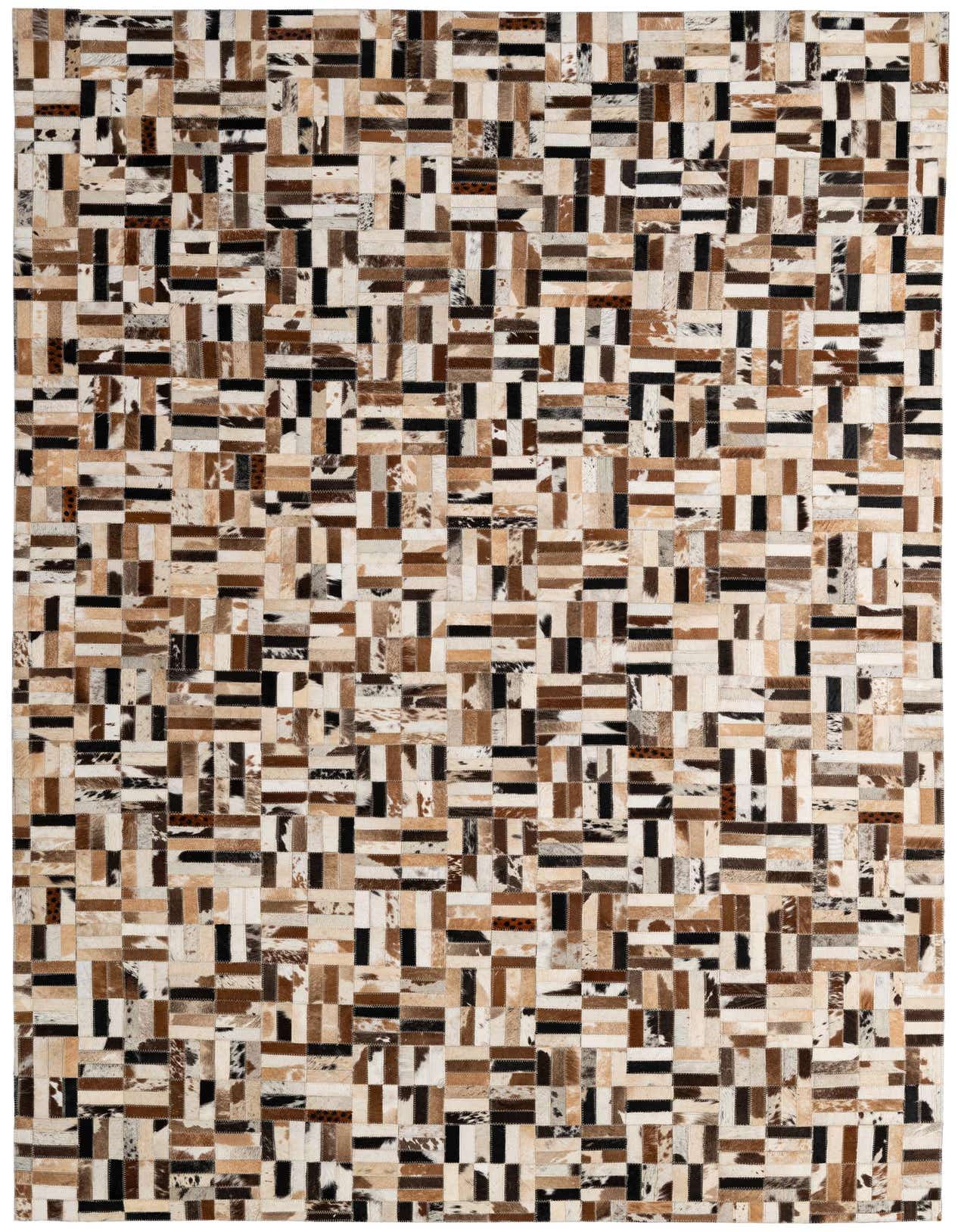 A 5x8 rectangular patchwork cowhide rug with varied natural brown, black, and white fur patches, ideal for a modern living room.
