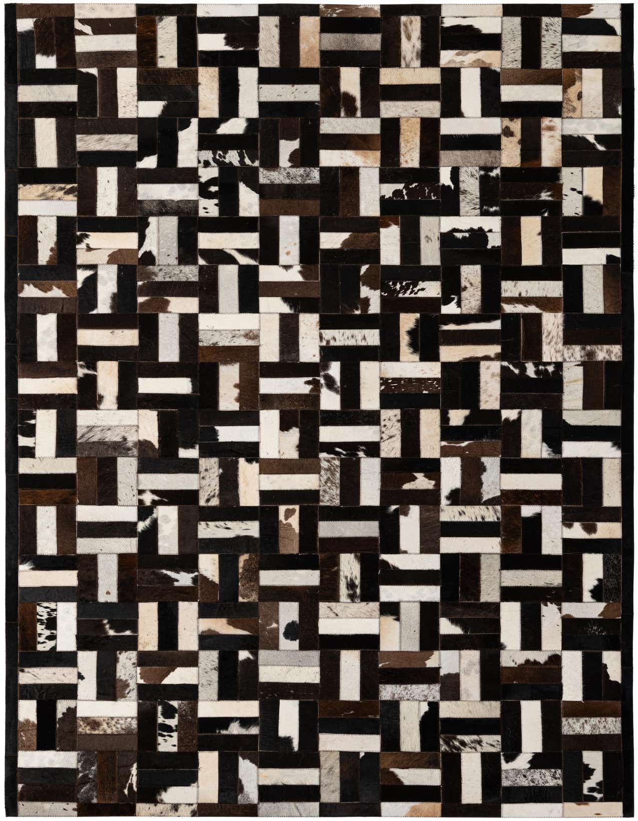 A 5x8 rectangular Cowhide Patchwork rug featuring a modern stripe pattern in multi-colored natural cowhide and leather.