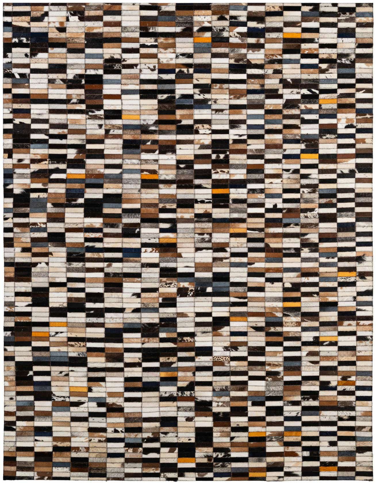 A 5x8 rectangular Cowhide Patchwork rug featuring a modern stripe pattern in multi-colored natural cowhide and leather.