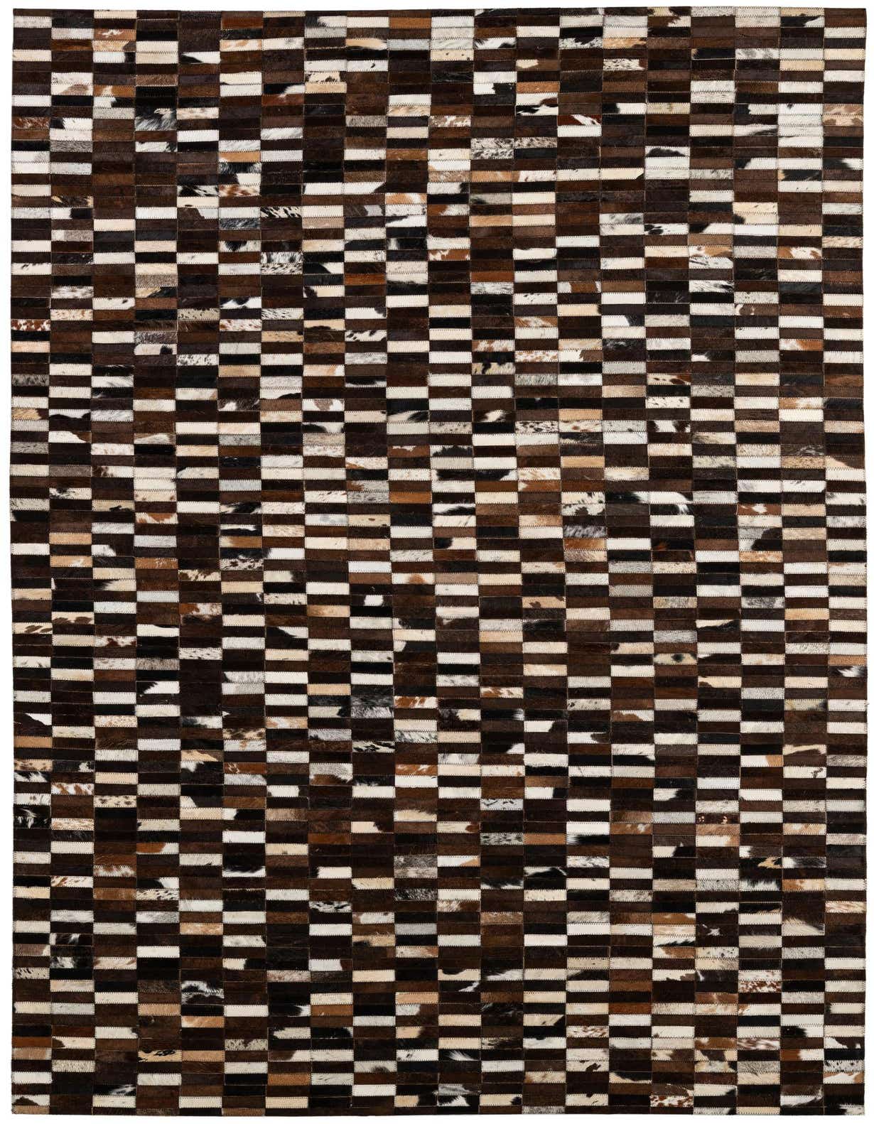 A rectangular 5x8 modern patchwork cowhide rug featuring a checkerboard pattern of multi-colored brown, black, and white squares.