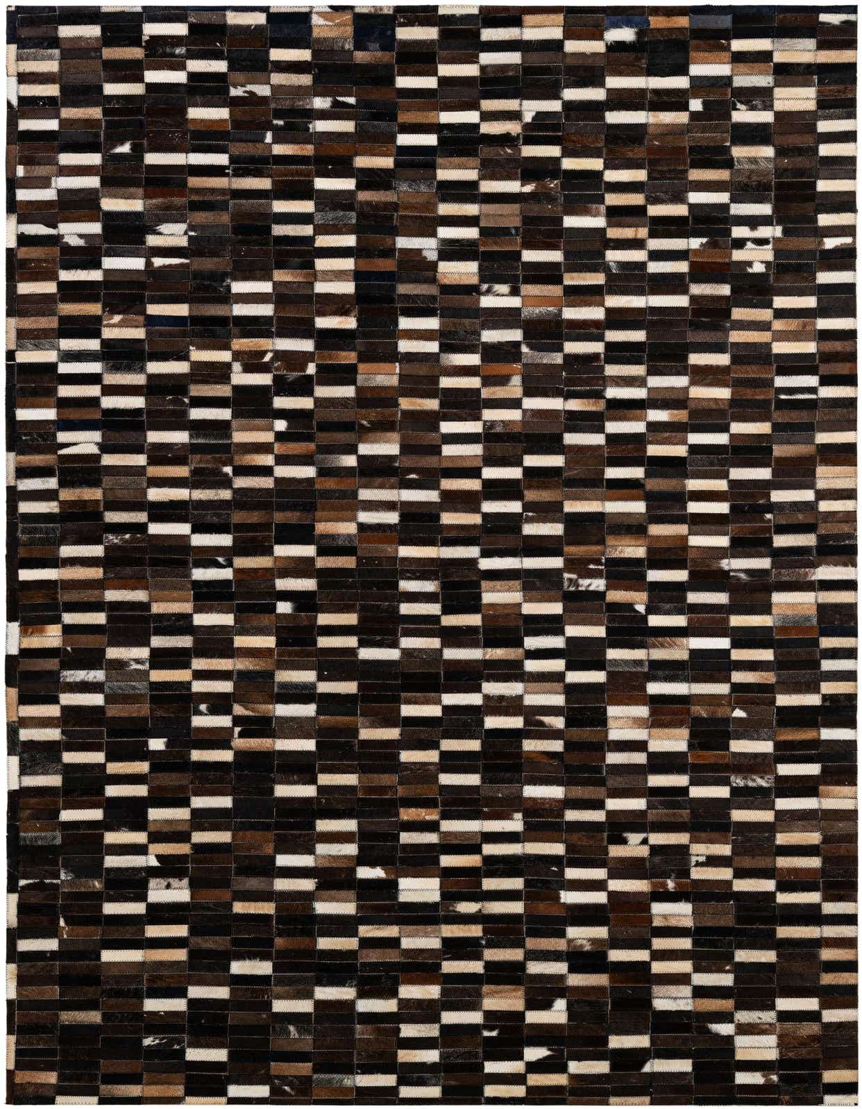 A 5x8 rectangular cowhide patchwork rug featuring a modern stripe pattern in multi-colored natural tones.
