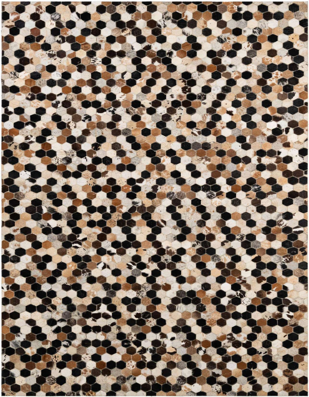 A 5x8 rectangular Cowhide Patchwork rug featuring a modern honeycomb pattern in multi-colored natural cowhide and leather.