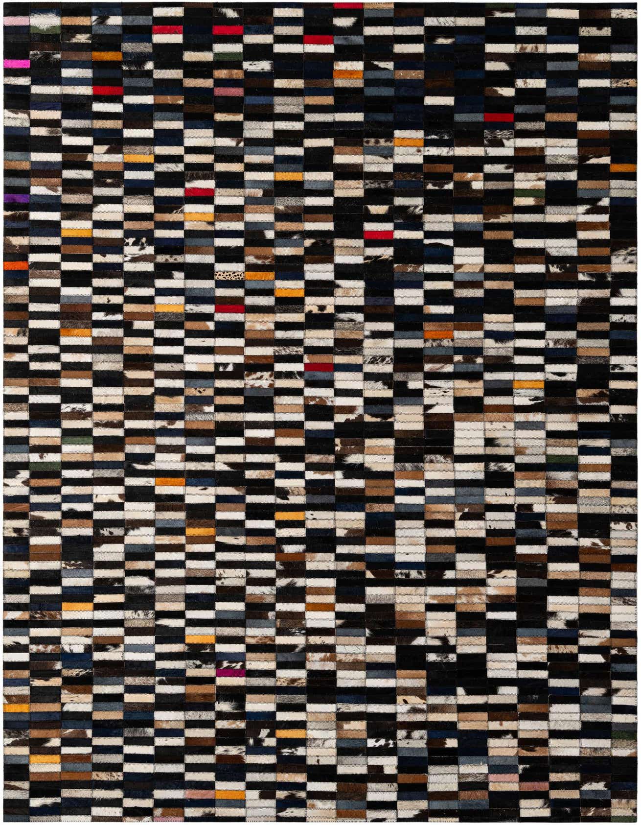 A 5x8 rectangular Cowhide Patchwork rug with a modern stripe pattern in multi-colored hues, featuring black, white, brown, and various accent colors.