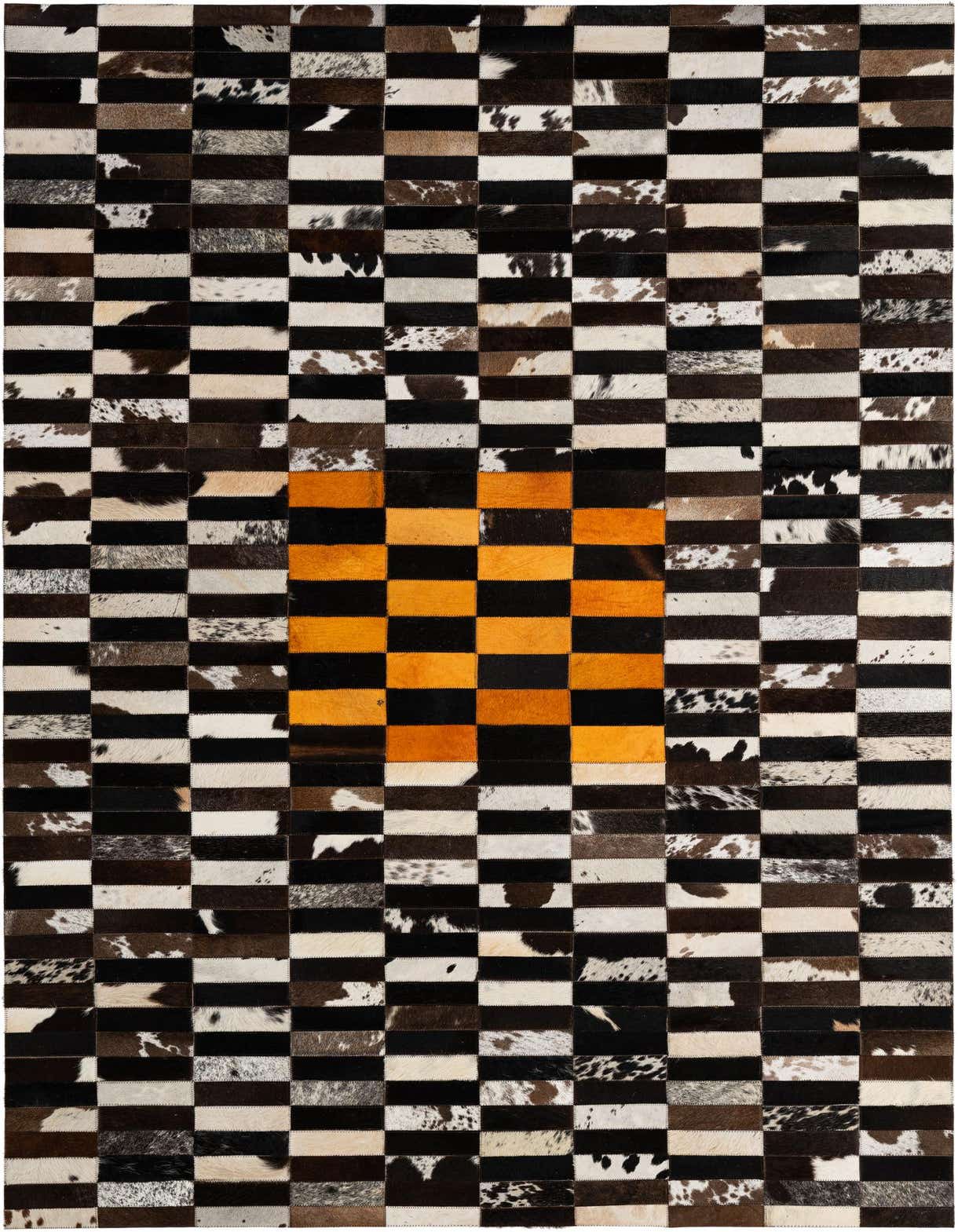 A rectangular 5x8 cowhide rug featuring a modern patchwork stripe design in multi-colored tones with a vibrant orange center.