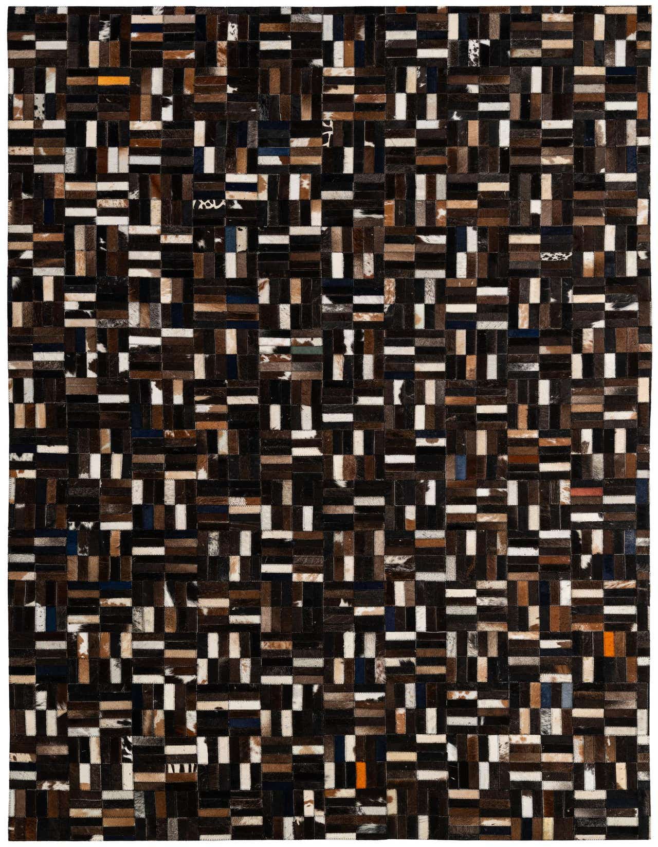 A 5x8 rectangular Cowhide Patchwork rug featuring a modern stripe pattern in multi-colored brown, black, white, and tan tones.