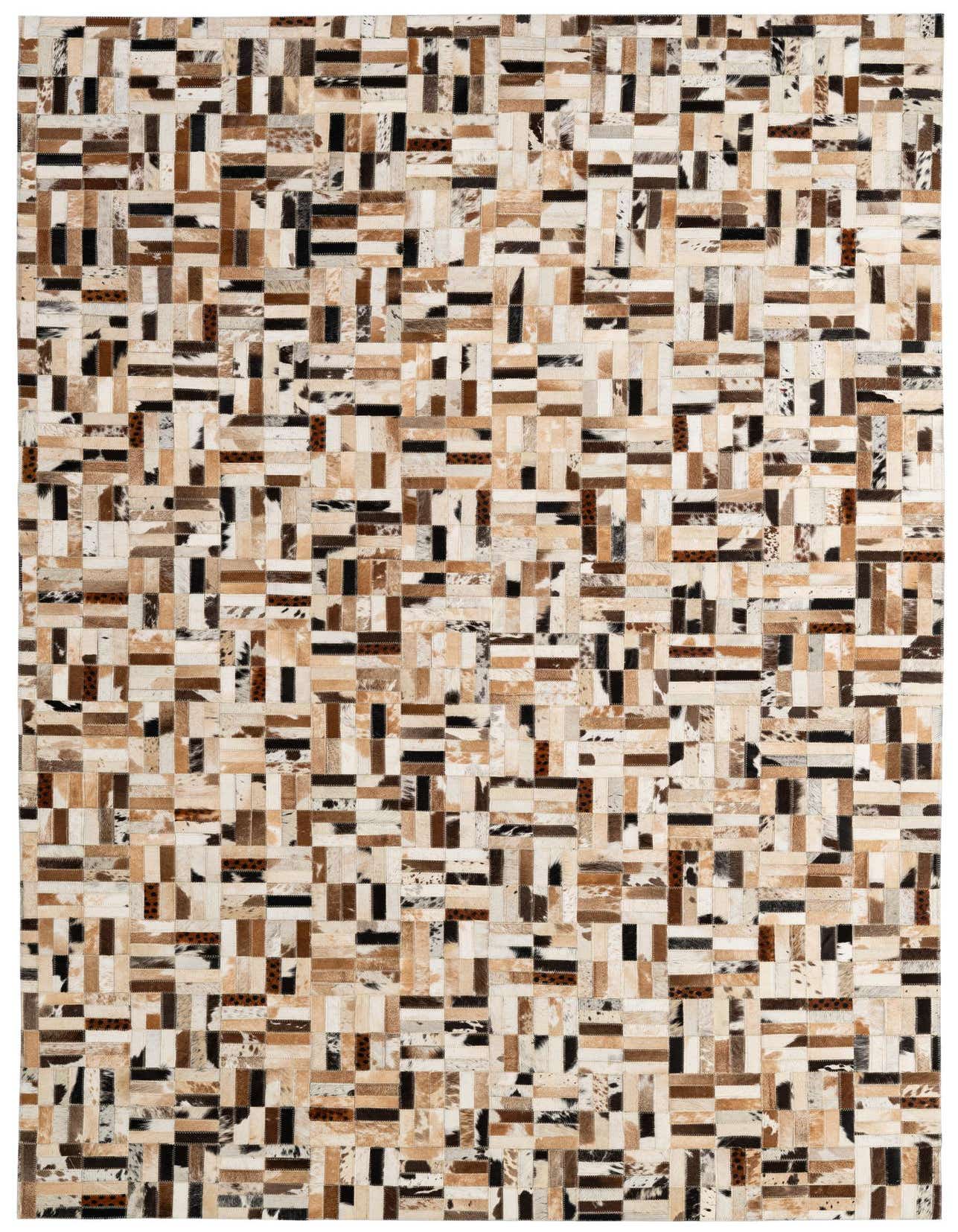 A 5x8 rectangular patchwork cowhide rug with varied brown, black, and white strips creating a modern, multi-colored pattern.