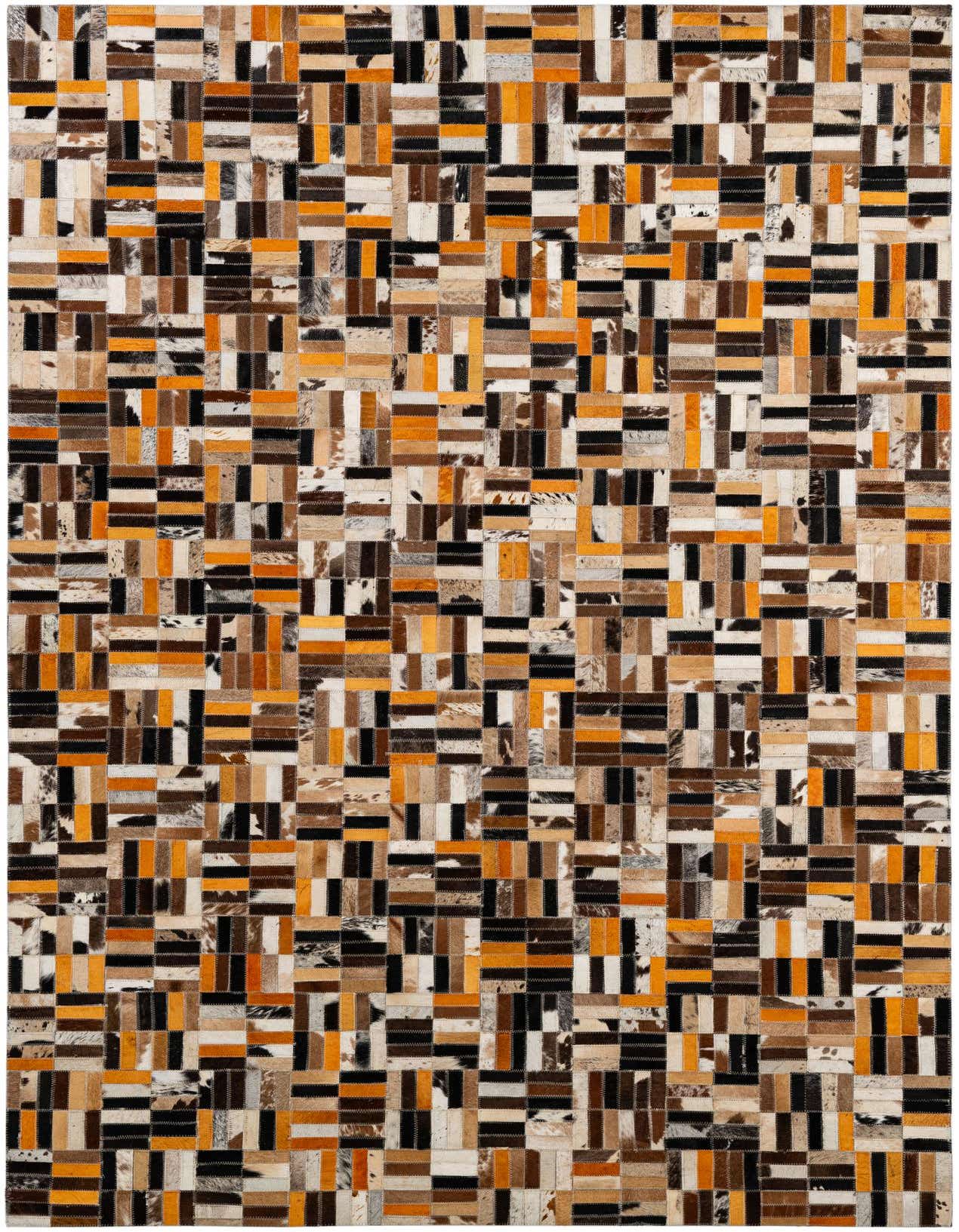 A 5x8 rectangular Cowhide Patchwork rug featuring a modern multi-colored design with brown, black, white, and orange leather patches.