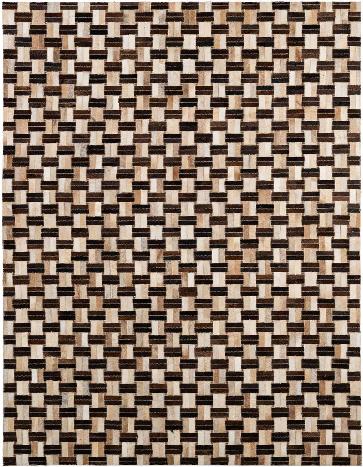 A 5x8 rectangular Cowhide Patchwork rug featuring a modern geometric pattern of alternating light and dark brown leather strips.