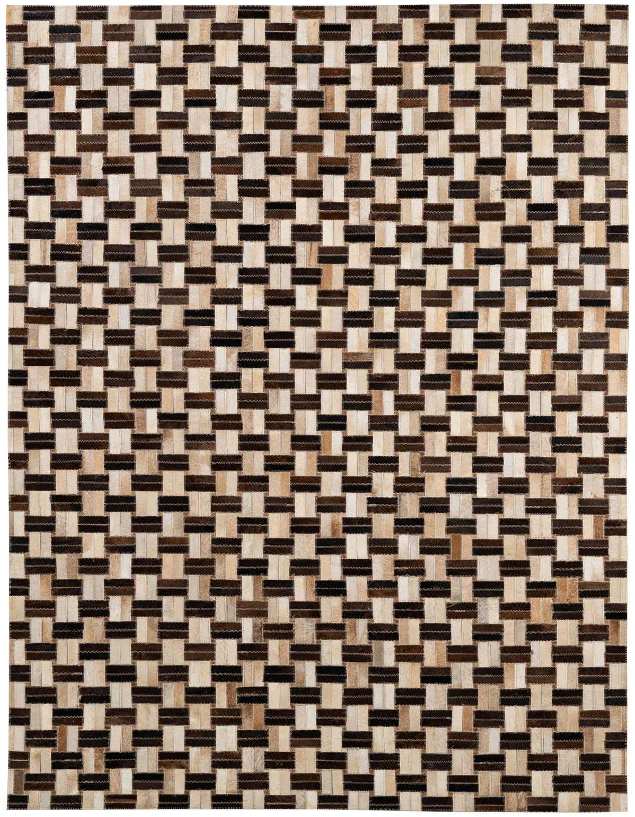 A 5x8 rectangular Cowhide & Leather rug featuring a modern patchwork pattern of multi-colored squares and rectangles.