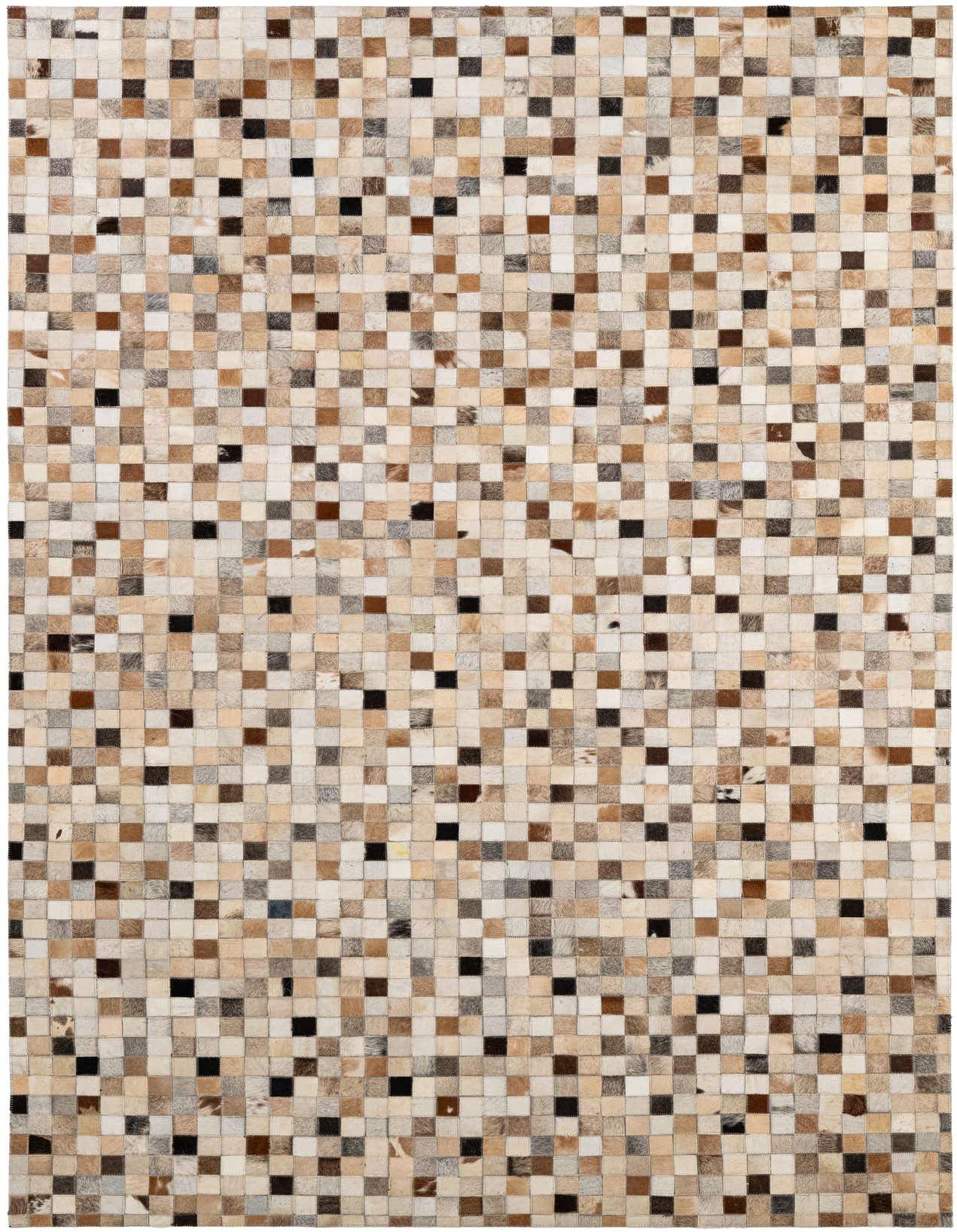 A 5x8 rectangular Cowhide Patchwork rug featuring a modern mosaic of multi-colored squares in natural brown, beige, cream, and black tones.