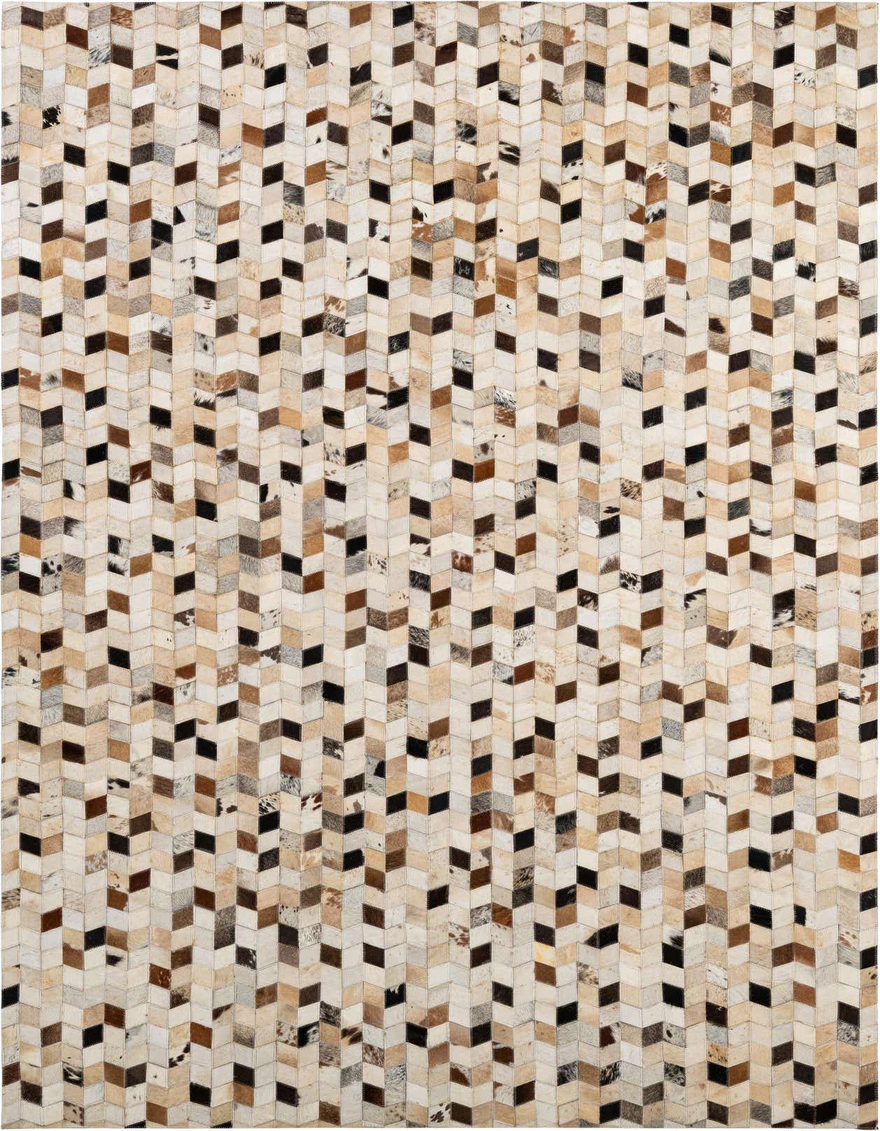 A 5x8 rectangular Cowhide & Leather rug with a modern multi-colored patchwork pattern, featuring natural tones of brown, black, and cream.