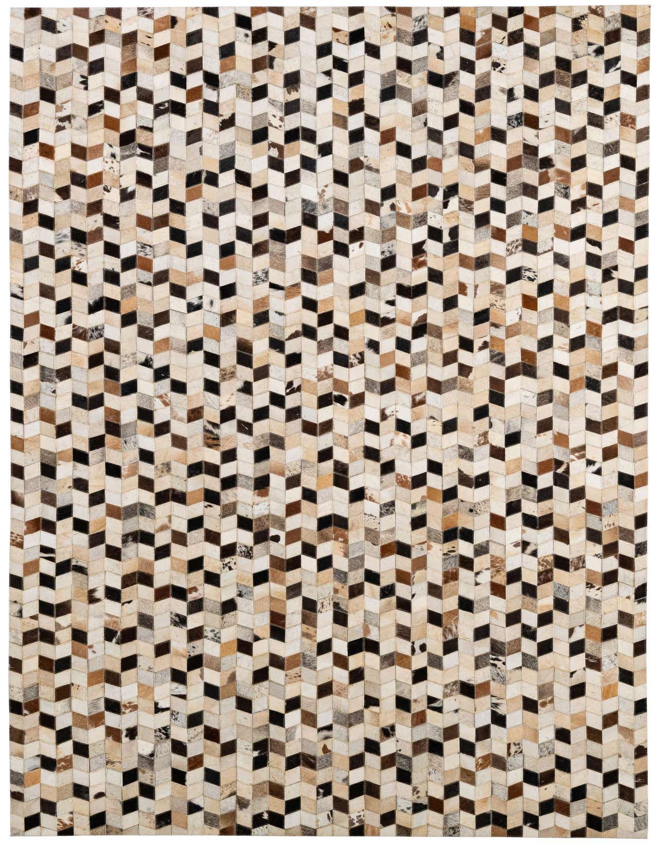 A 5x8 rectangular Cowhide Patchwork rug featuring a modern chevron pattern in multi-colored natural cowhide and leather.