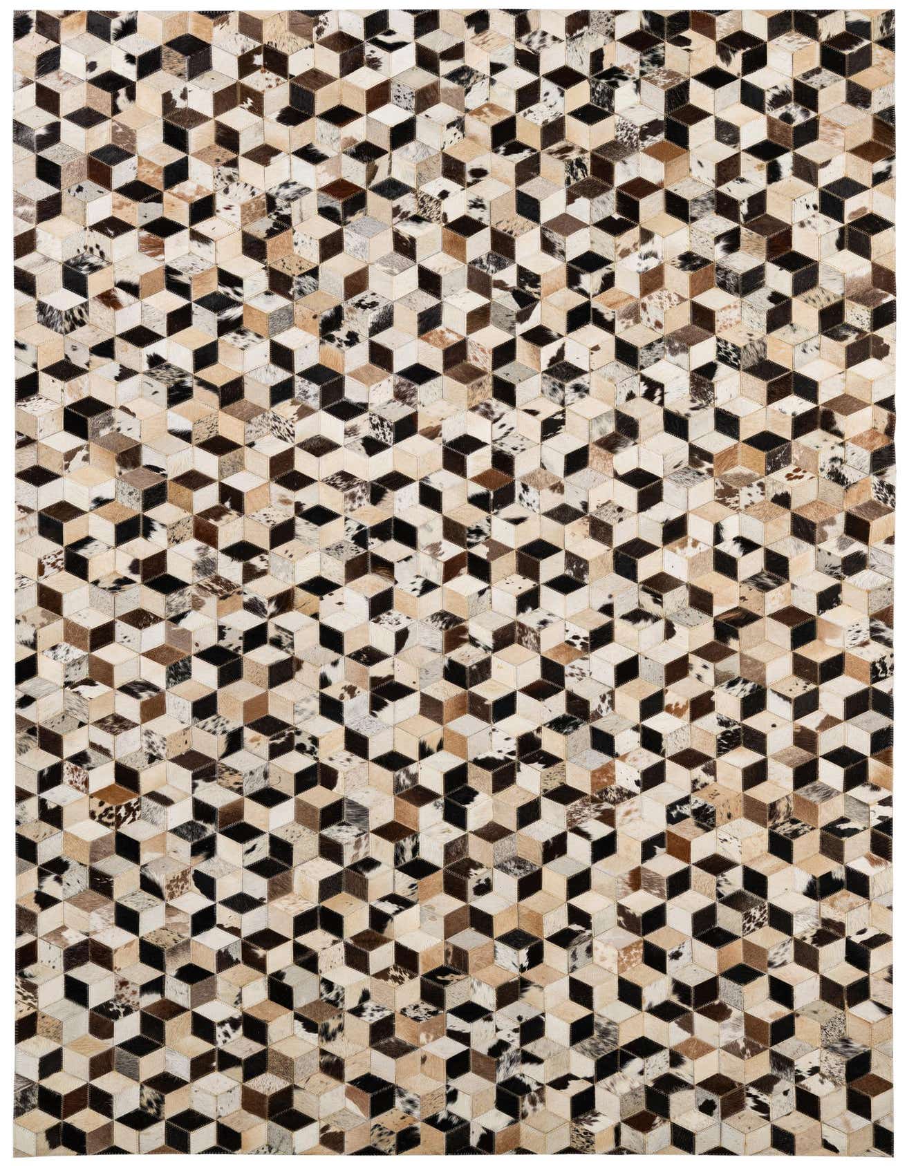 A 5x8 rectangular cowhide rug with a modern geometric patchwork pattern in various shades of brown, black, and cream.