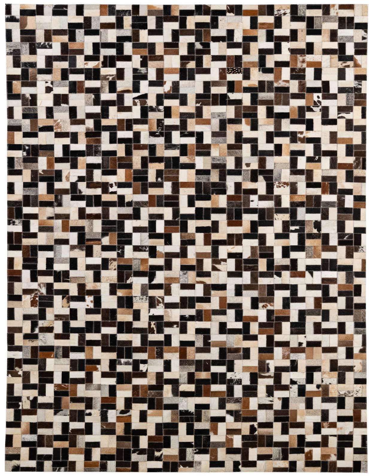 A rectangular 5x8 multi-colored patchwork cowhide rug, featuring a modern geometric pattern of black, brown, and white squares and rectangles.