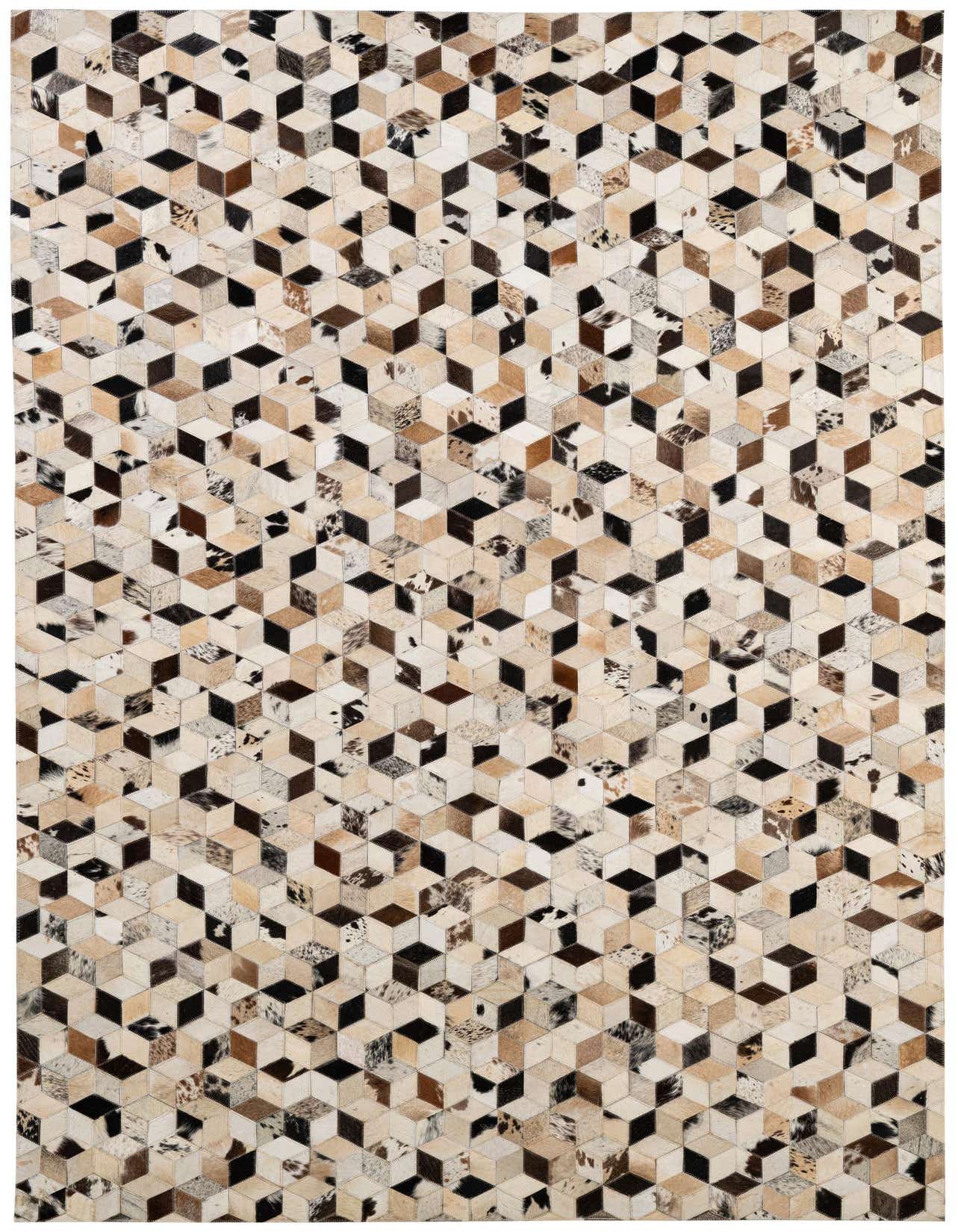 A 5x8 rectangular Cowhide Patchwork rug featuring a modern geometric cube pattern in multi-colored natural cowhide and leather.