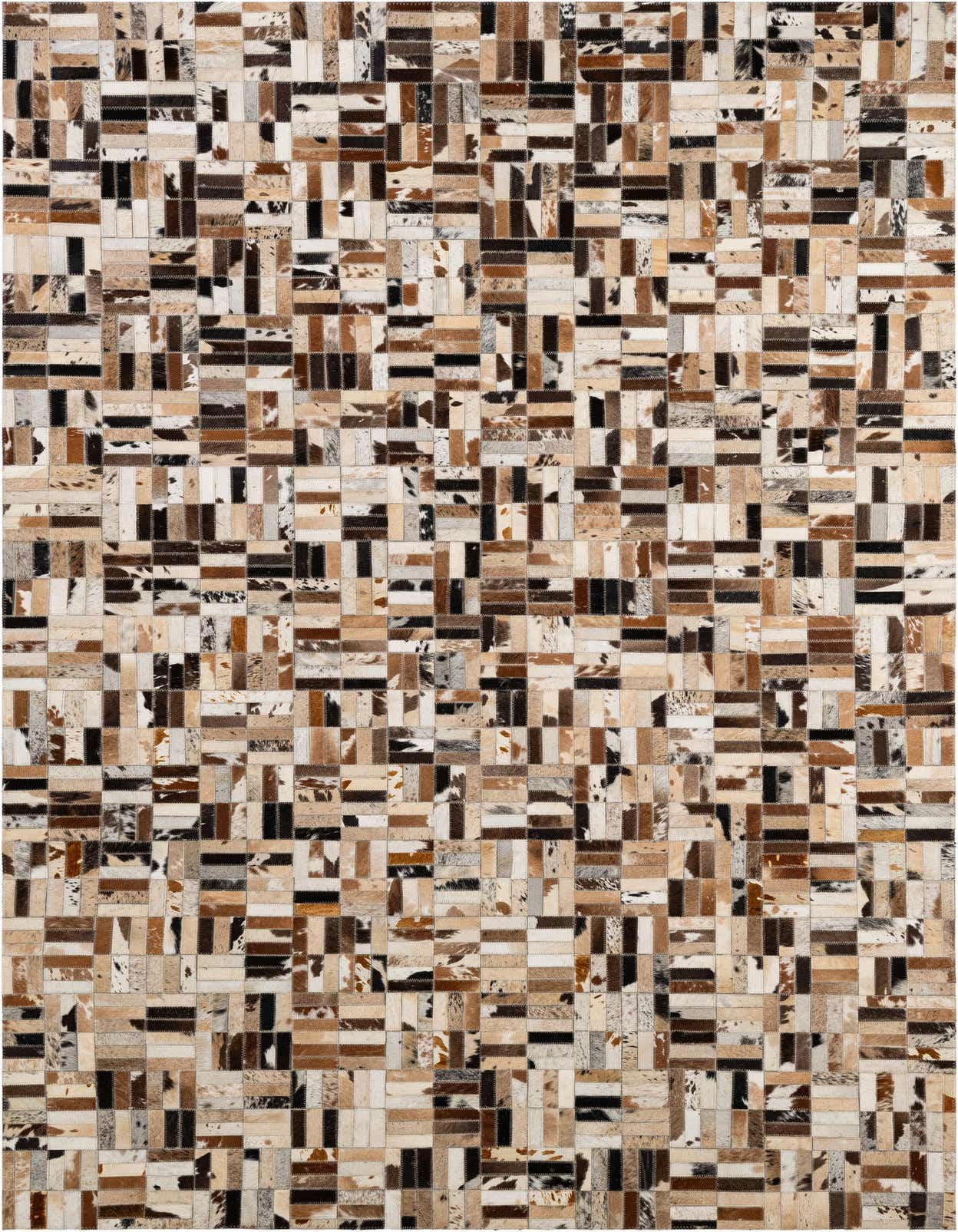 A 5x8 rectangular Cowhide Patchwork rug featuring a mosaic of multi-colored natural cowhide and leather squares and rectangles, ideal for a modern living room.