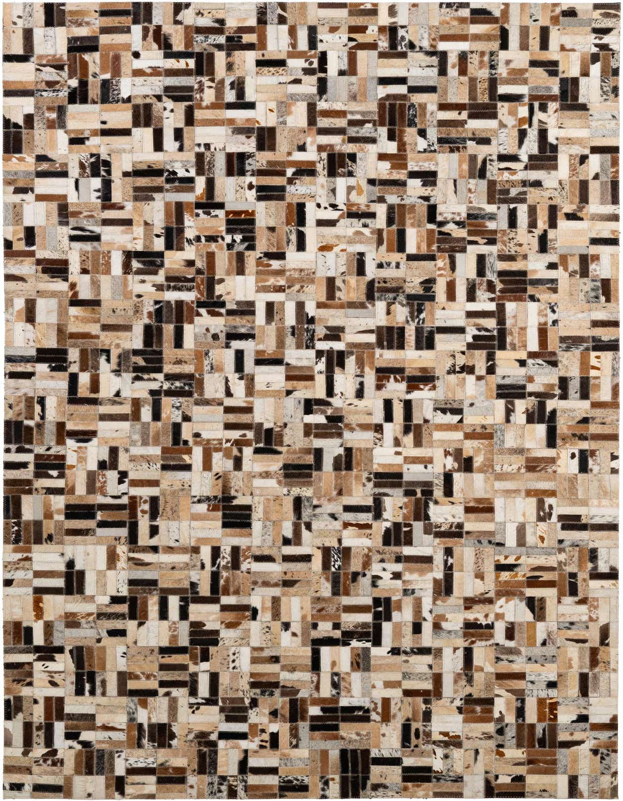 A rectangular 5x8 patchwork cowhide rug with varied shades of brown, black, and cream, featuring a modern stripe pattern.