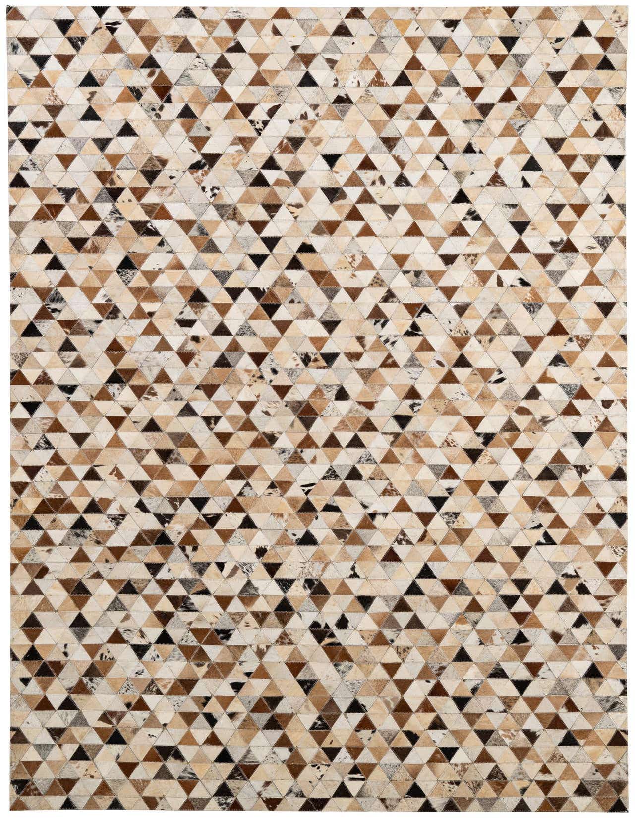 A rectangular 5x8 modern patchwork cowhide rug featuring a geometric pattern of multi-colored triangles in shades of brown, beige, and black.