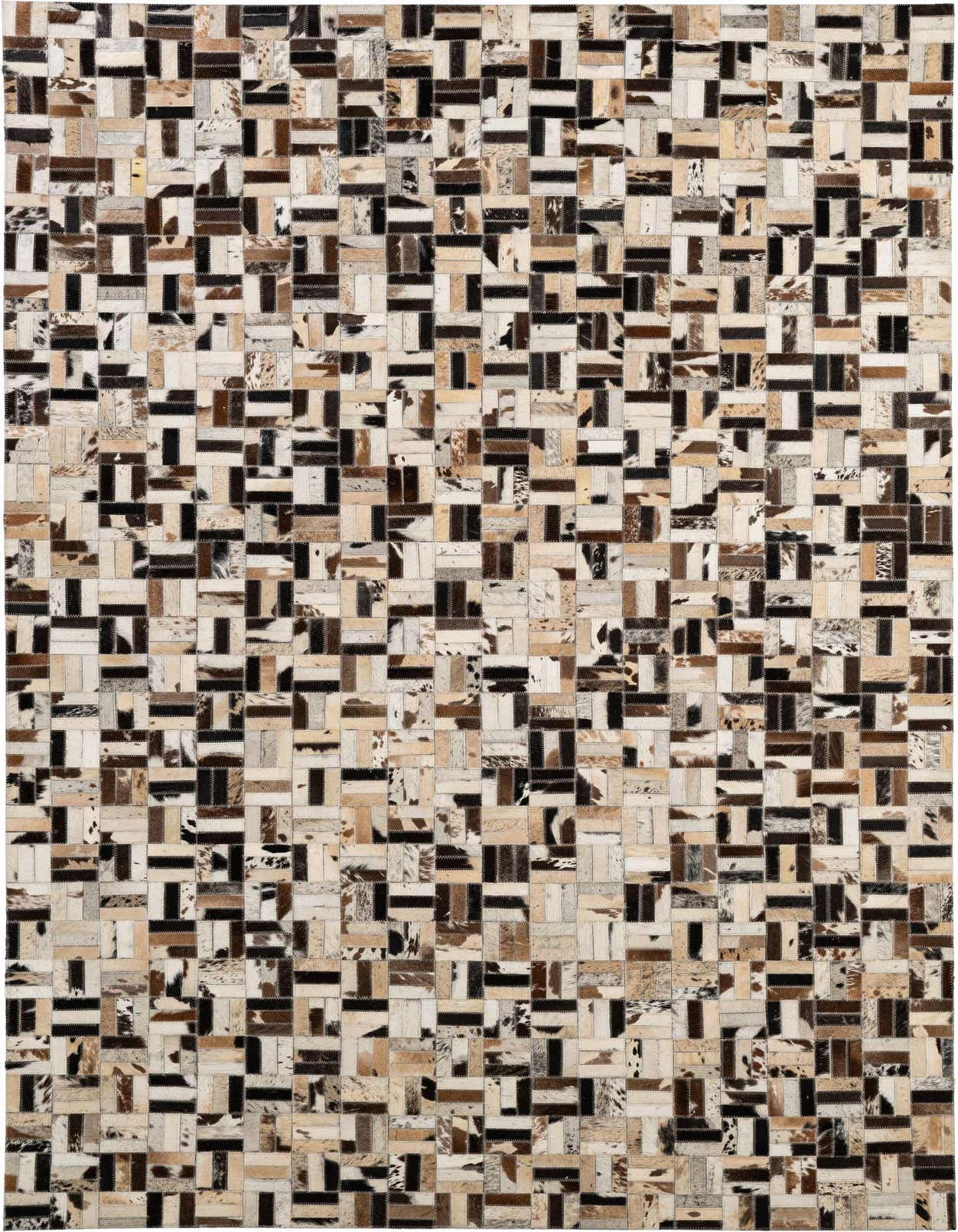 A 5x8 rectangular Cowhide Patchwork rug featuring a modern pattern of multi-colored natural cowhide and leather squares and rectangles.