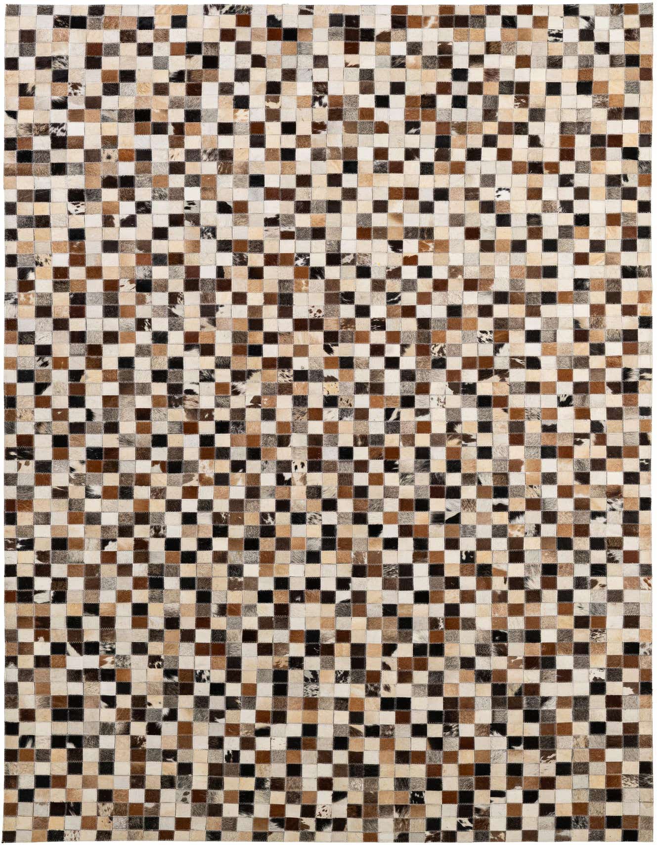 A 5x8 rectangular Cowhide Patchwork rug featuring a modern checkered pattern in multi-colored natural cowhide and leather.