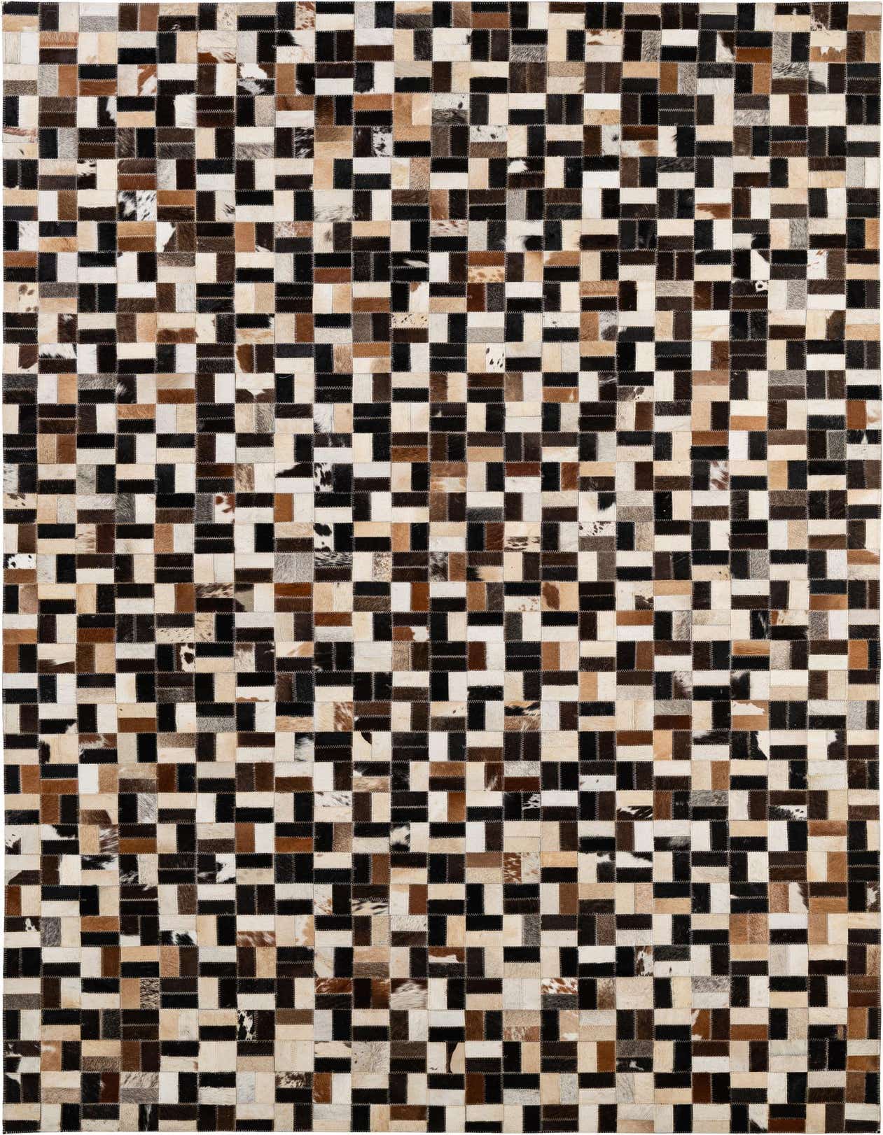 A rectangular 5x8 modern patchwork cowhide rug with multi-colored squares and rectangles in black, brown, and cream tones.